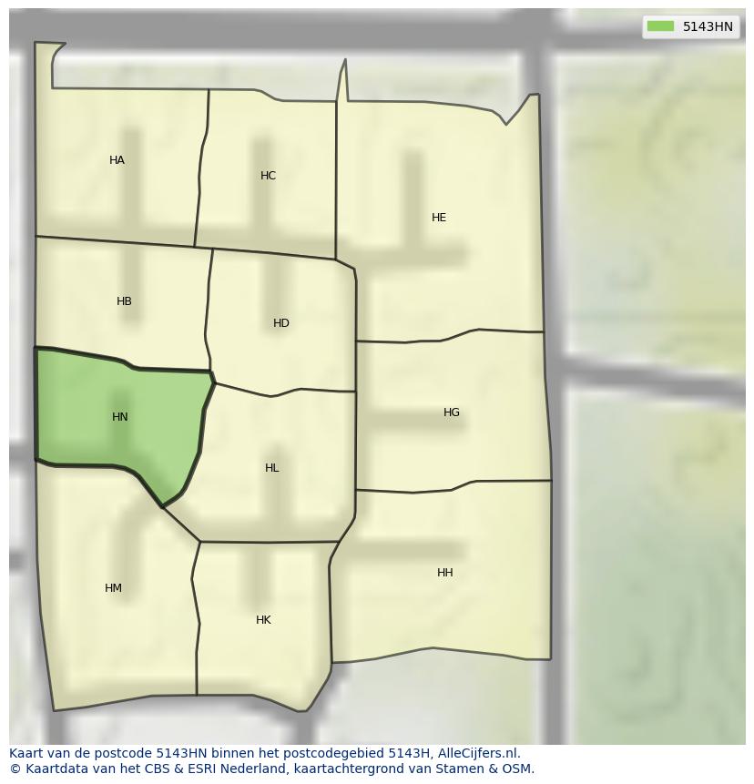 Afbeelding van het postcodegebied 5143 HN op de kaart.