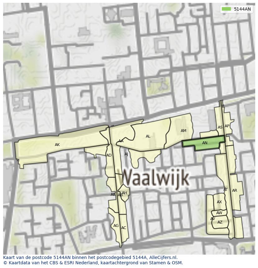 Afbeelding van het postcodegebied 5144 AN op de kaart.