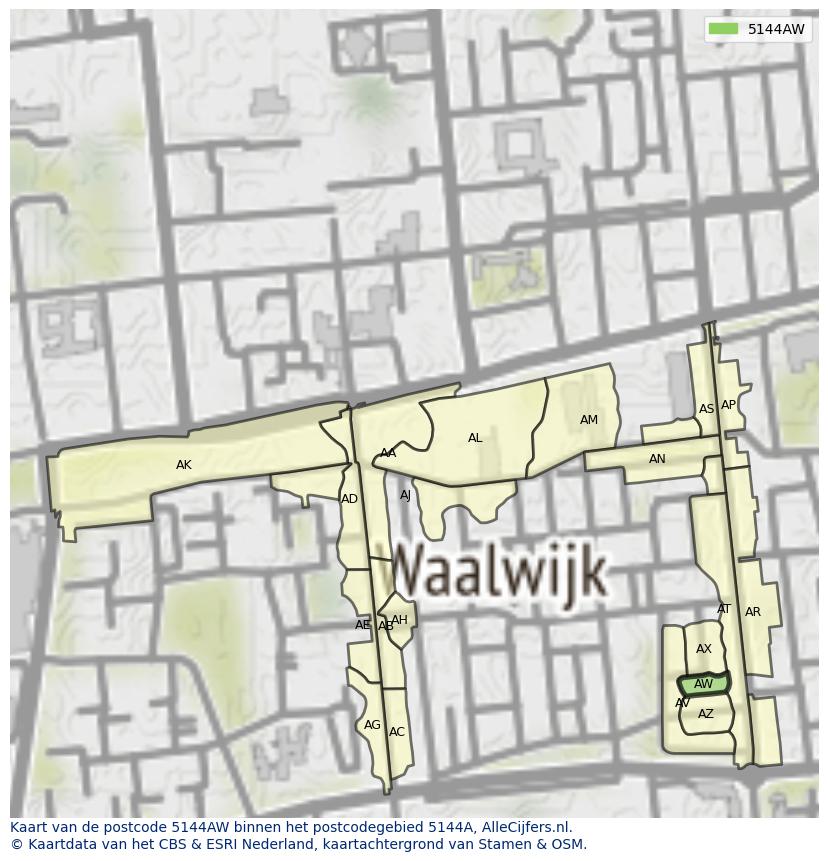 Afbeelding van het postcodegebied 5144 AW op de kaart.