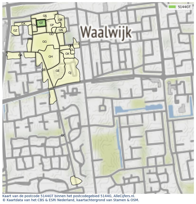 Afbeelding van het postcodegebied 5144 GT op de kaart.