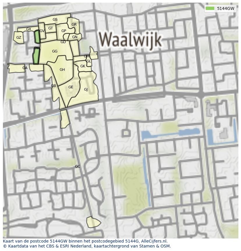 Afbeelding van het postcodegebied 5144 GW op de kaart.