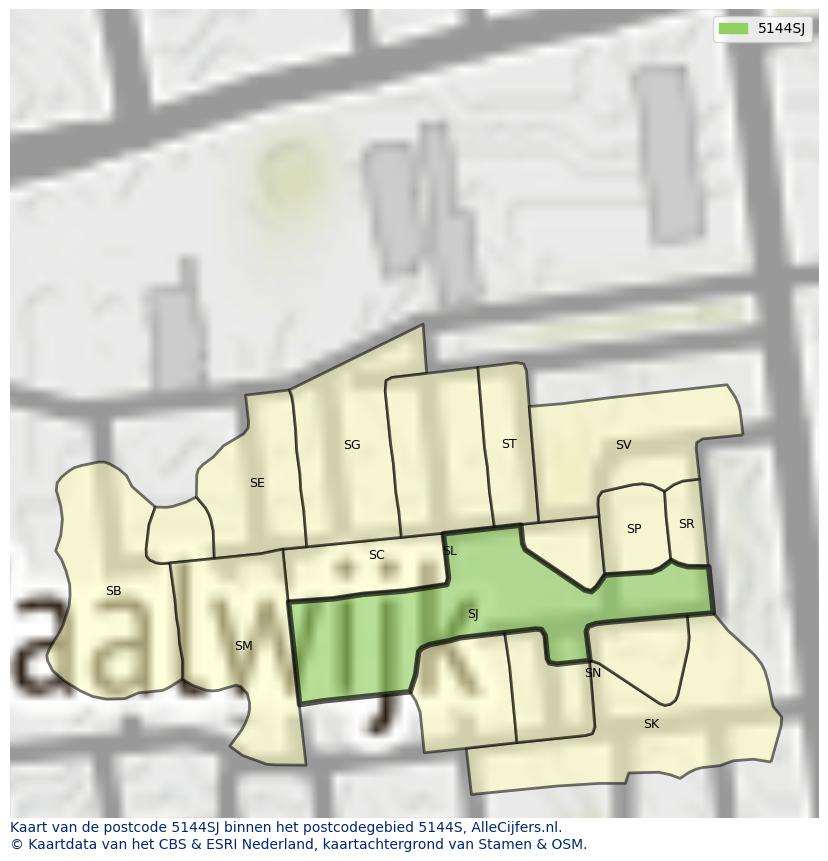 Afbeelding van het postcodegebied 5144 SJ op de kaart.