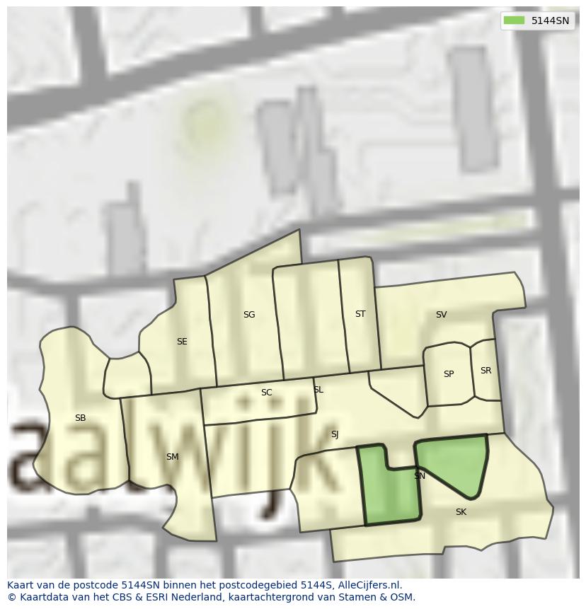 Afbeelding van het postcodegebied 5144 SN op de kaart.