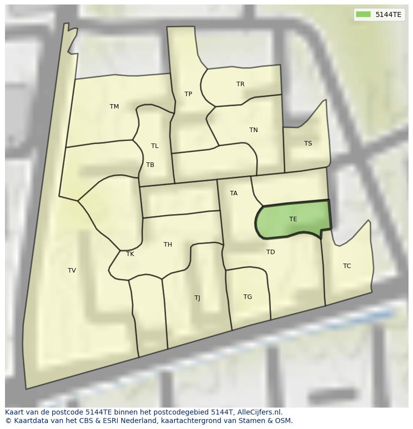 Afbeelding van het postcodegebied 5144 TE op de kaart.