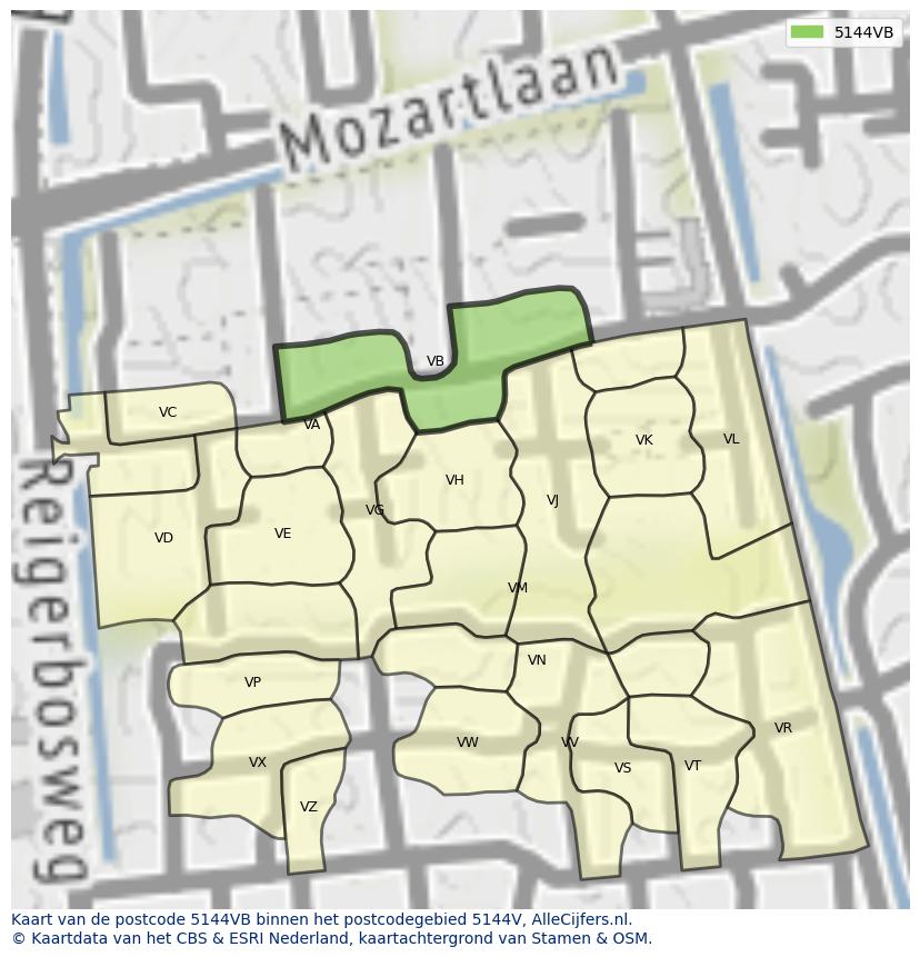 Afbeelding van het postcodegebied 5144 VB op de kaart.