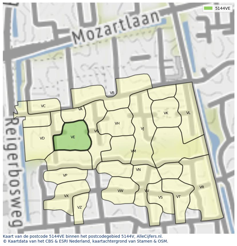Afbeelding van het postcodegebied 5144 VE op de kaart.