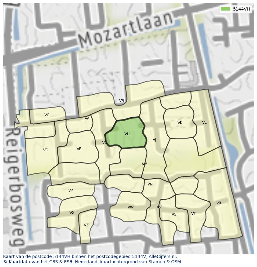 Afbeelding van het postcodegebied 5144 VH op de kaart.