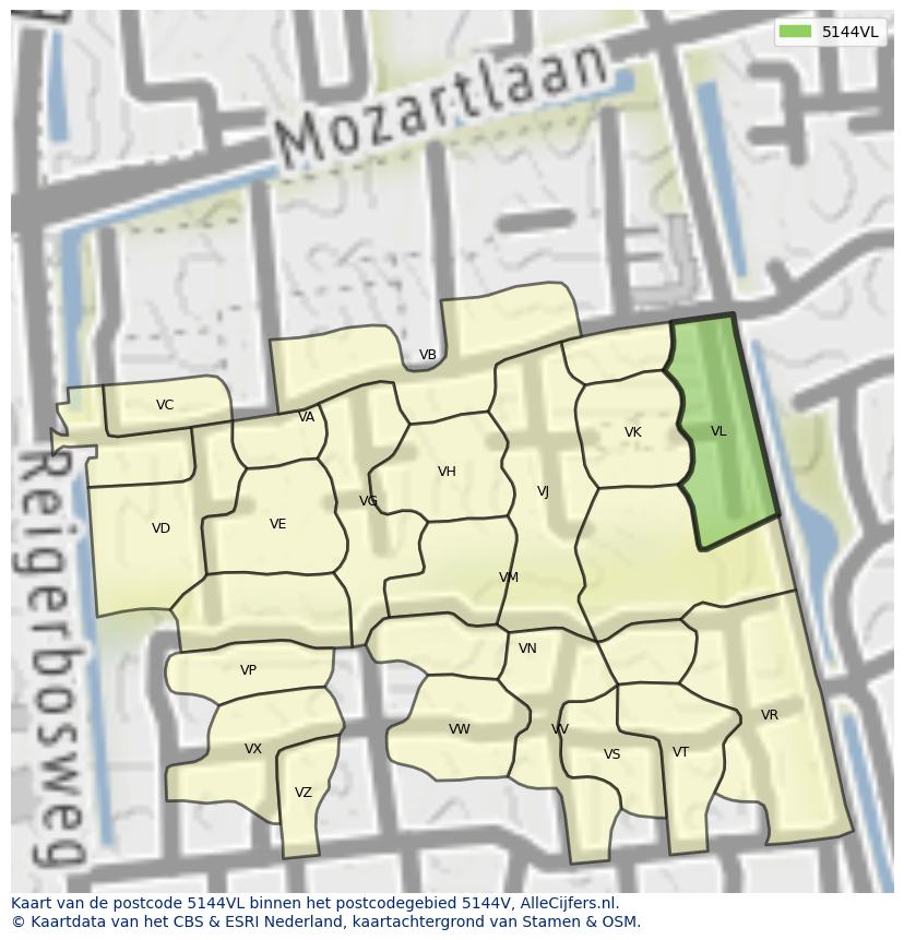 Afbeelding van het postcodegebied 5144 VL op de kaart.