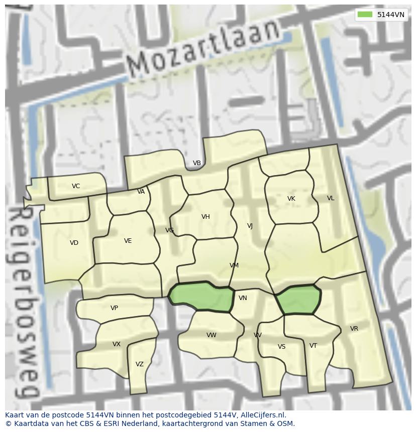 Afbeelding van het postcodegebied 5144 VN op de kaart.