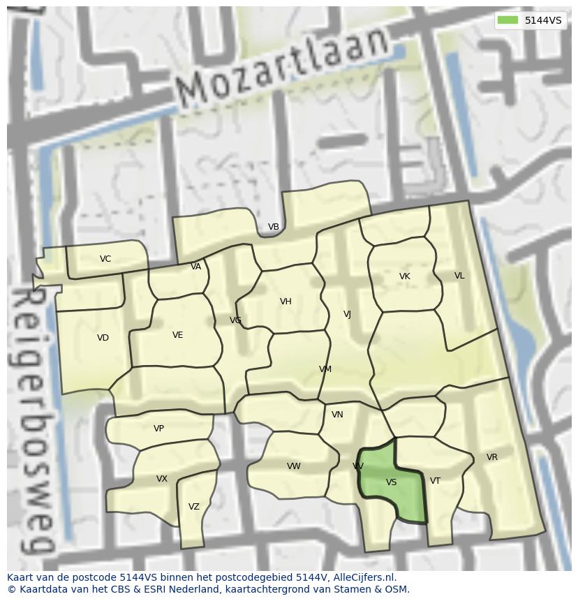 Afbeelding van het postcodegebied 5144 VS op de kaart.