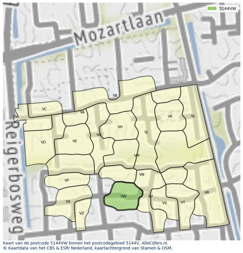 Afbeelding van het postcodegebied 5144 VW op de kaart.