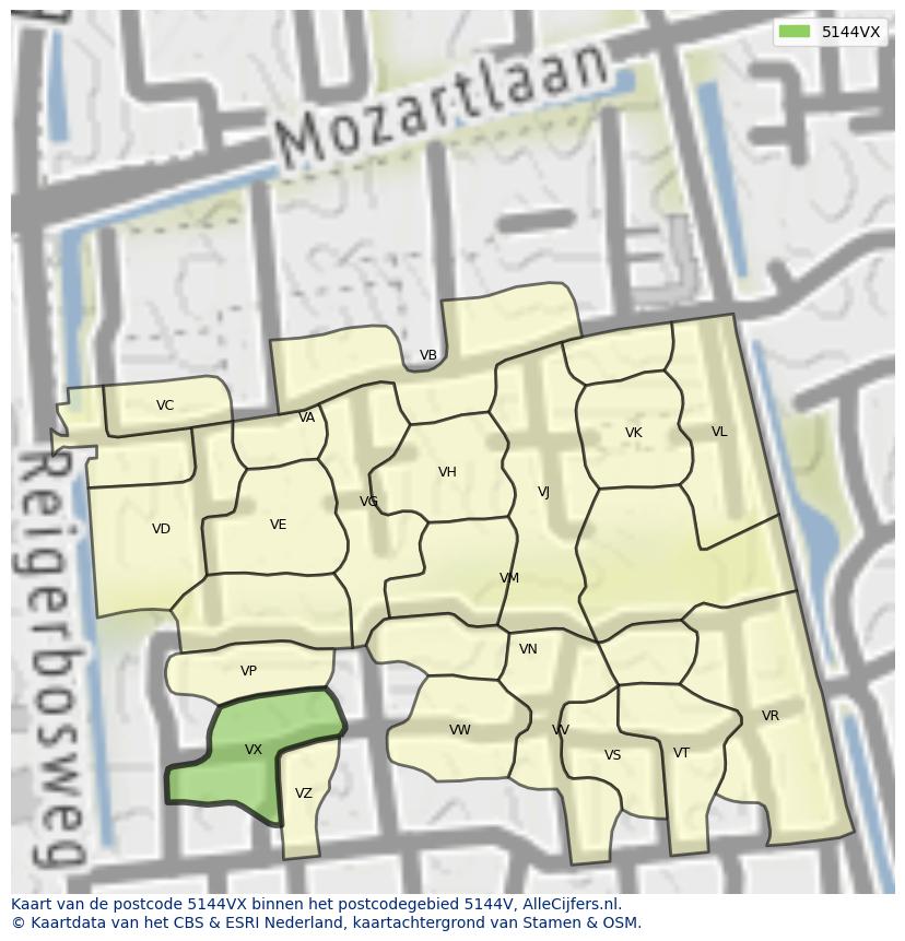 Afbeelding van het postcodegebied 5144 VX op de kaart.