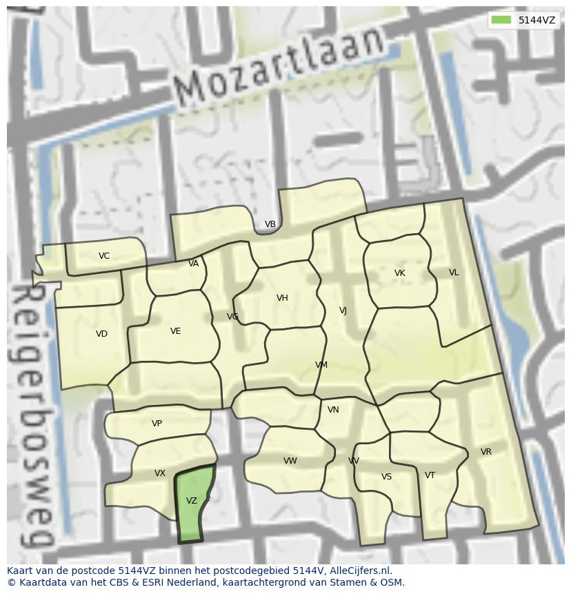 Afbeelding van het postcodegebied 5144 VZ op de kaart.