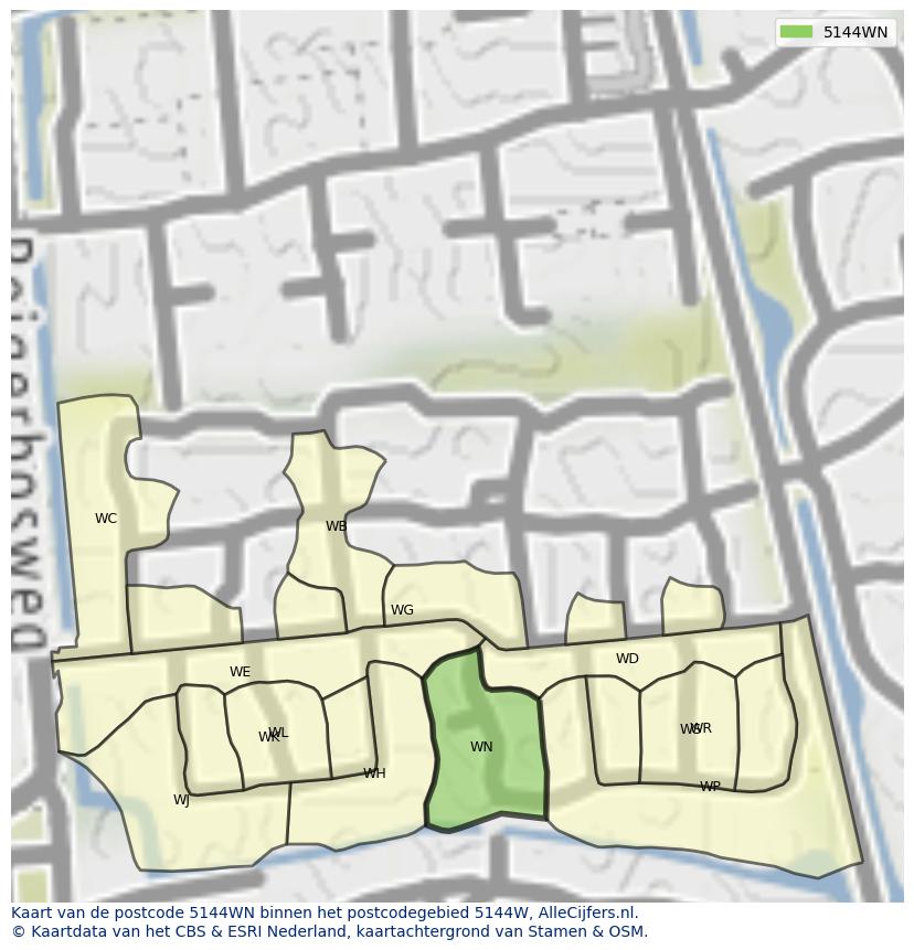 Afbeelding van het postcodegebied 5144 WN op de kaart.