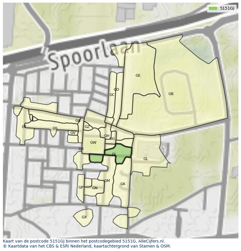 Afbeelding van het postcodegebied 5151 GJ op de kaart.