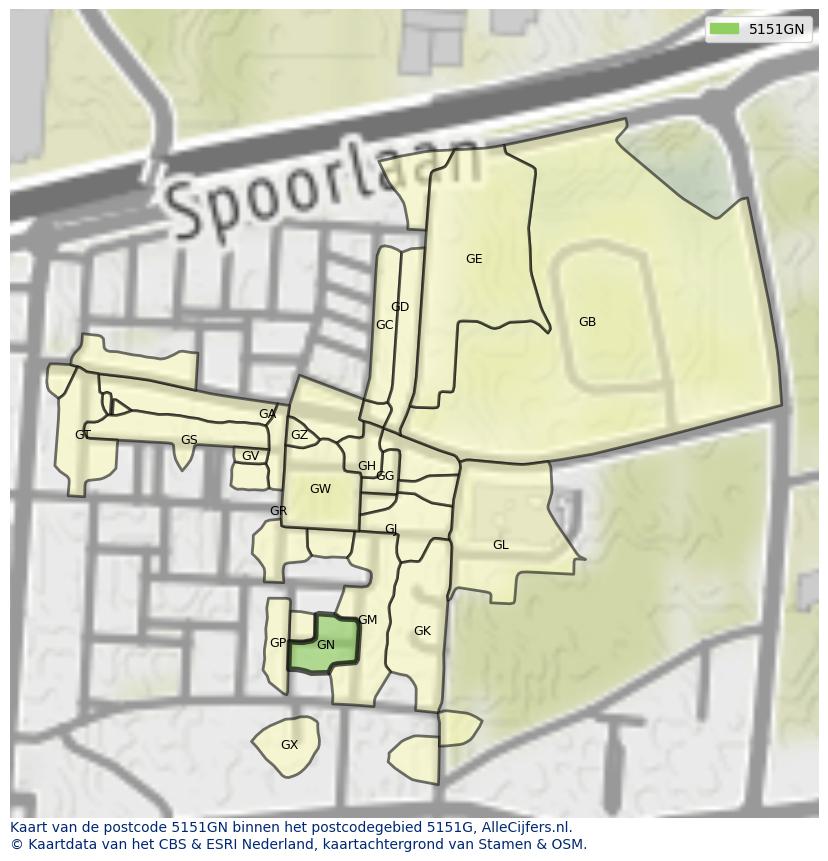 Afbeelding van het postcodegebied 5151 GN op de kaart.