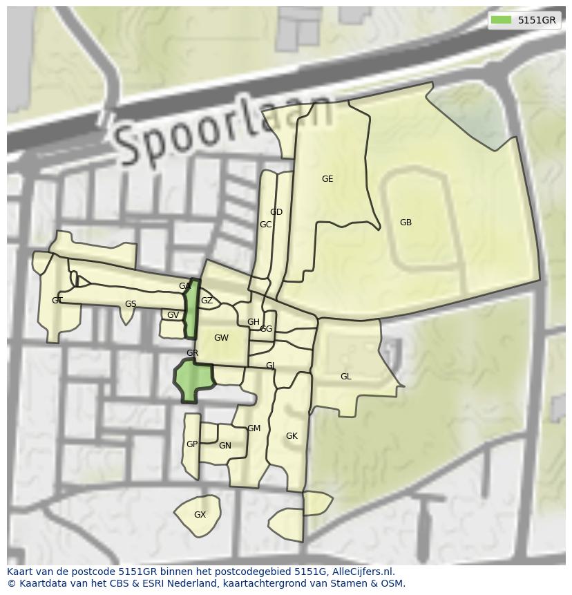 Afbeelding van het postcodegebied 5151 GR op de kaart.