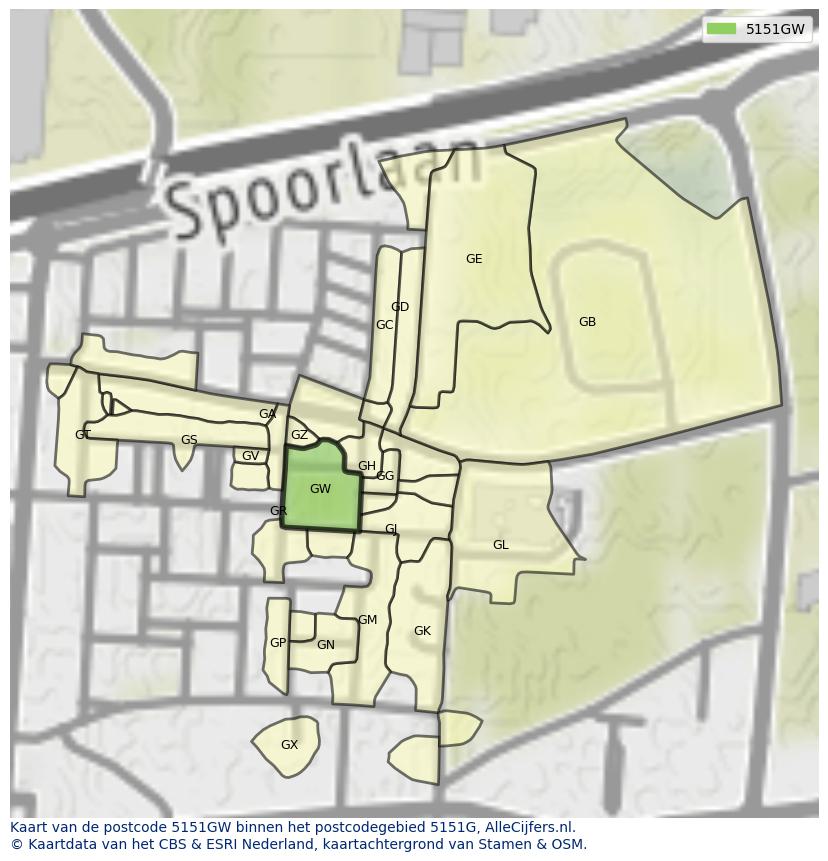 Afbeelding van het postcodegebied 5151 GW op de kaart.