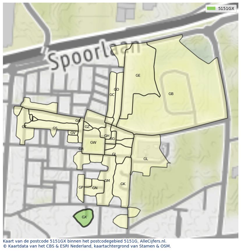Afbeelding van het postcodegebied 5151 GX op de kaart.