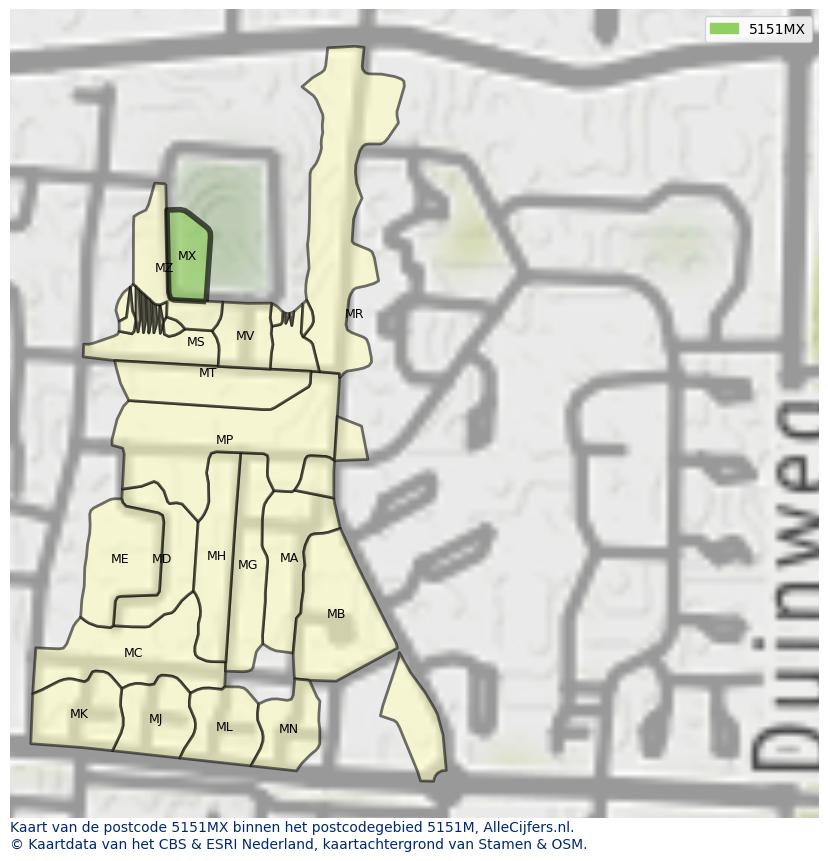 Afbeelding van het postcodegebied 5151 MX op de kaart.