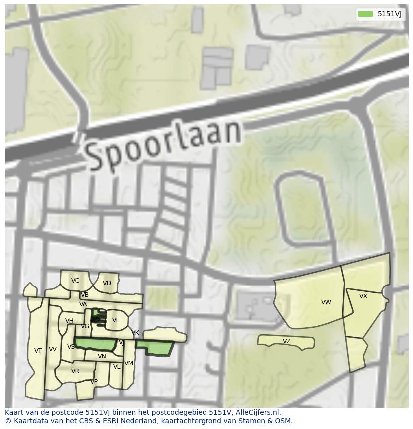 Afbeelding van het postcodegebied 5151 VJ op de kaart.