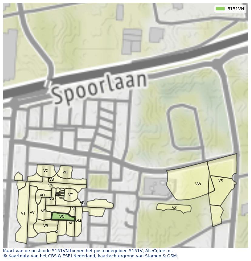 Afbeelding van het postcodegebied 5151 VN op de kaart.