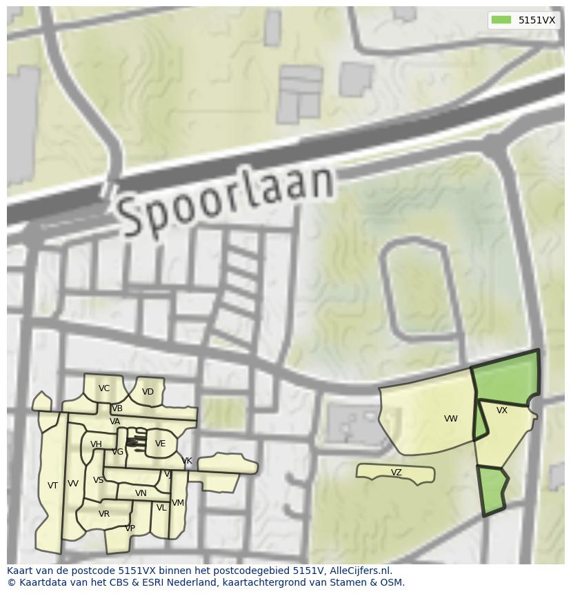 Afbeelding van het postcodegebied 5151 VX op de kaart.