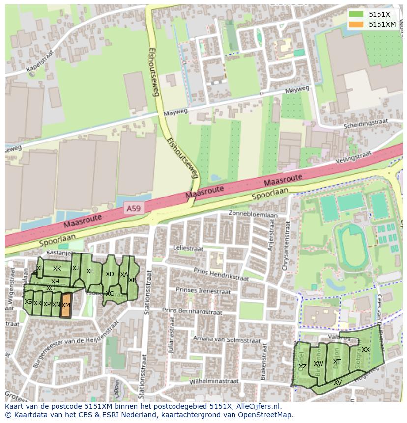 Afbeelding van het postcodegebied 5151 XM op de kaart.