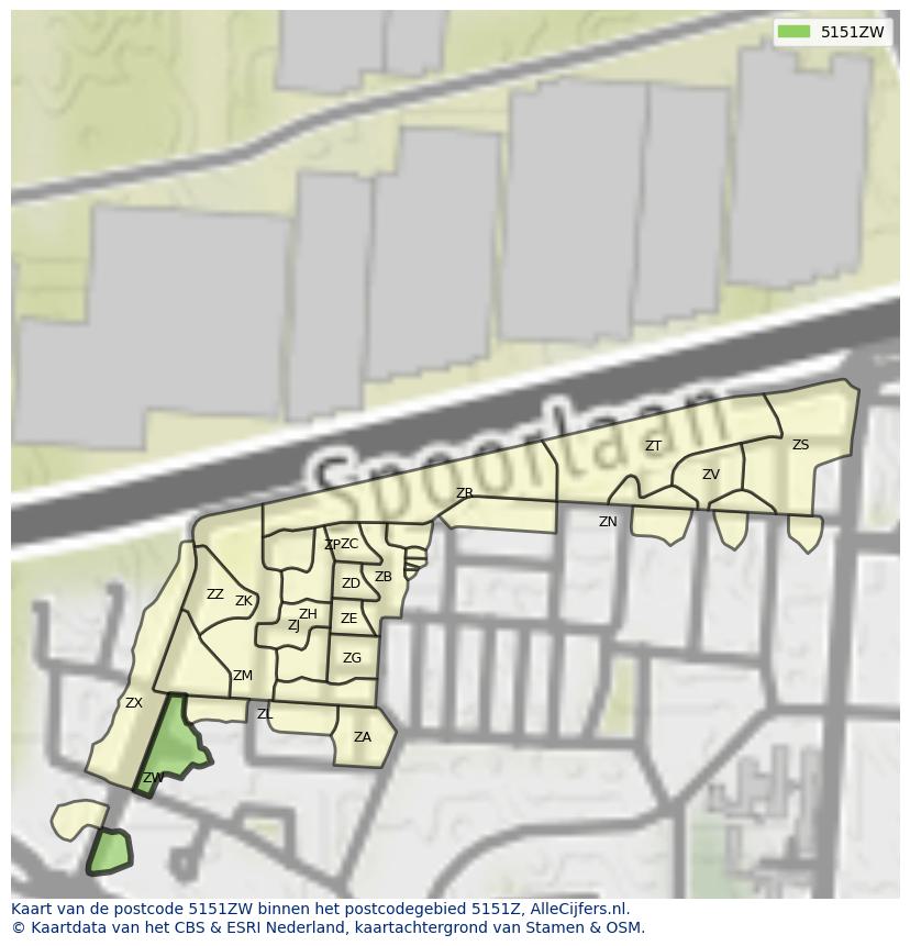 Afbeelding van het postcodegebied 5151 ZW op de kaart.
