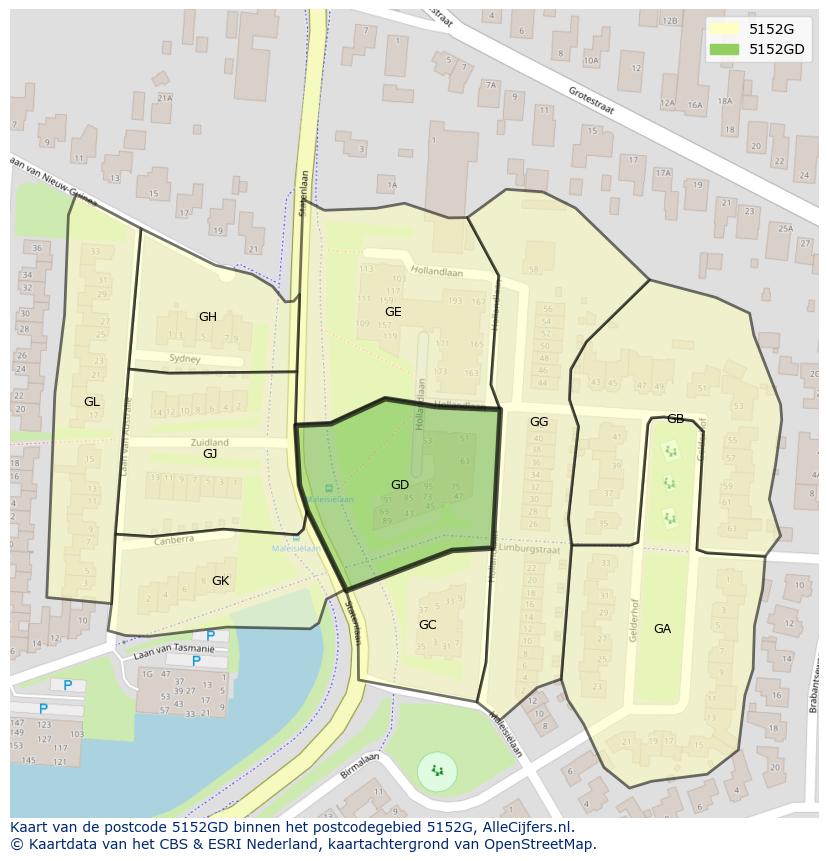 Afbeelding van het postcodegebied 5152 GD op de kaart.