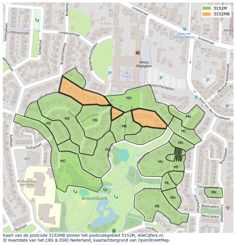 Afbeelding van het postcodegebied 5152 MB op de kaart.