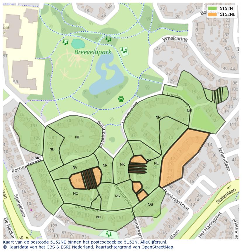 Afbeelding van het postcodegebied 5152 NE op de kaart.