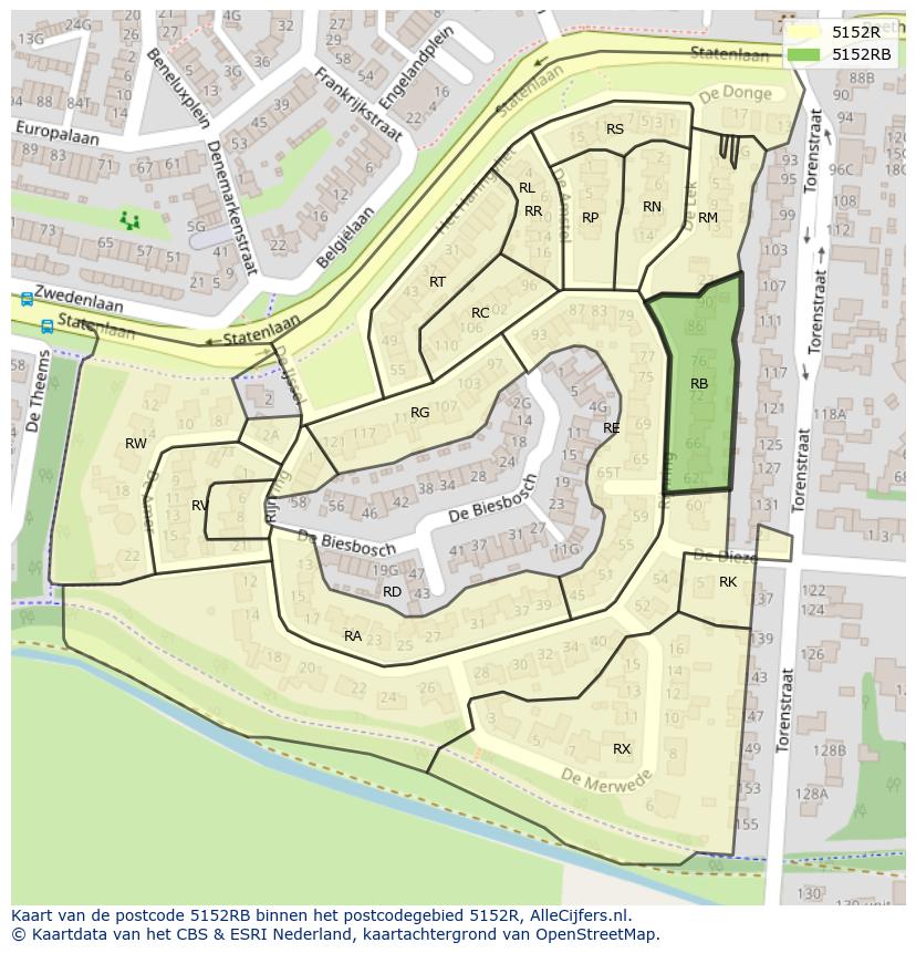 Afbeelding van het postcodegebied 5152 RB op de kaart.