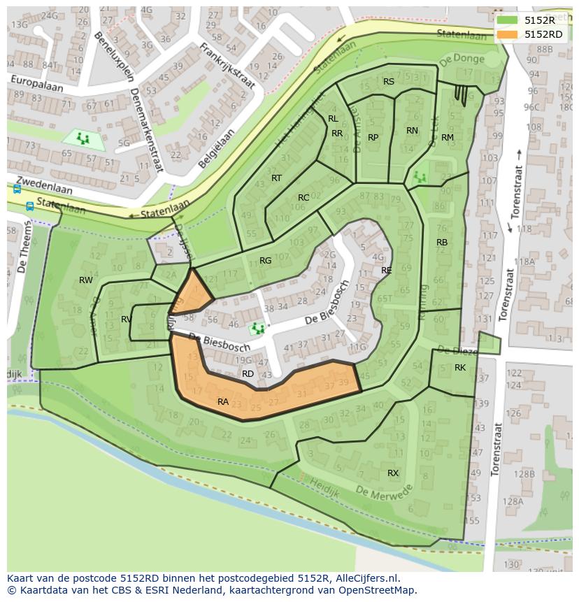 Afbeelding van het postcodegebied 5152 RD op de kaart.