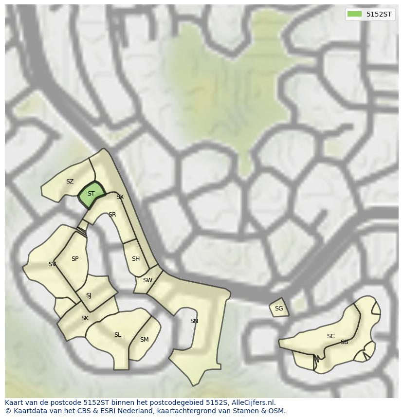Afbeelding van het postcodegebied 5152 ST op de kaart.