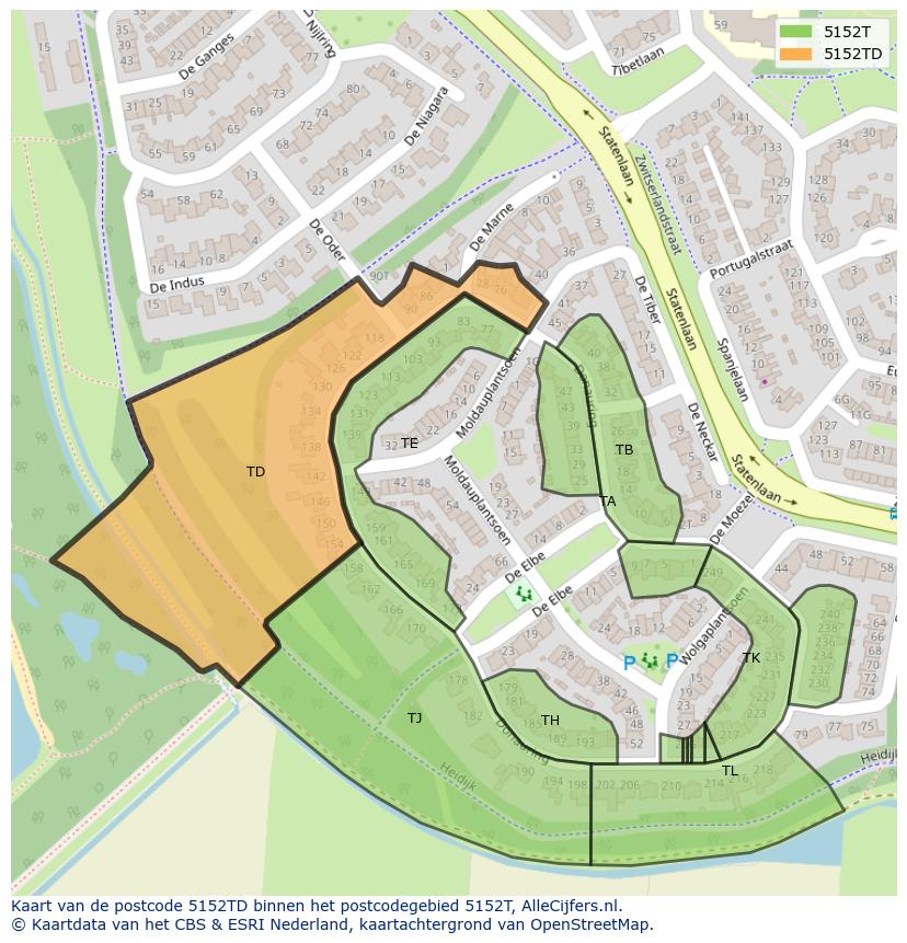 Afbeelding van het postcodegebied 5152 TD op de kaart.