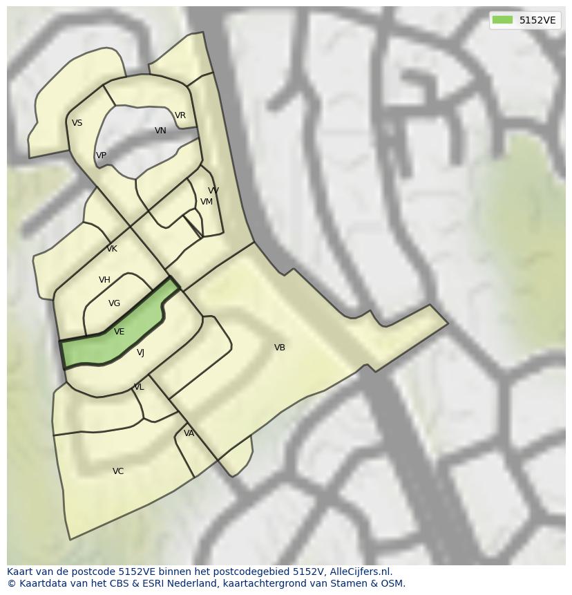Afbeelding van het postcodegebied 5152 VE op de kaart.