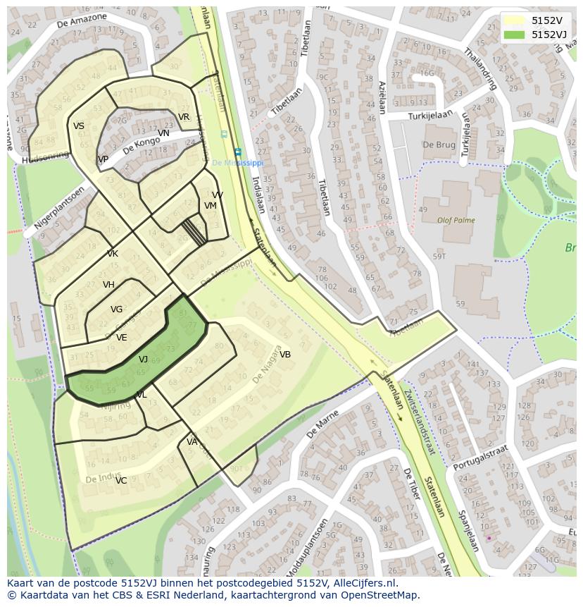 Afbeelding van het postcodegebied 5152 VJ op de kaart.