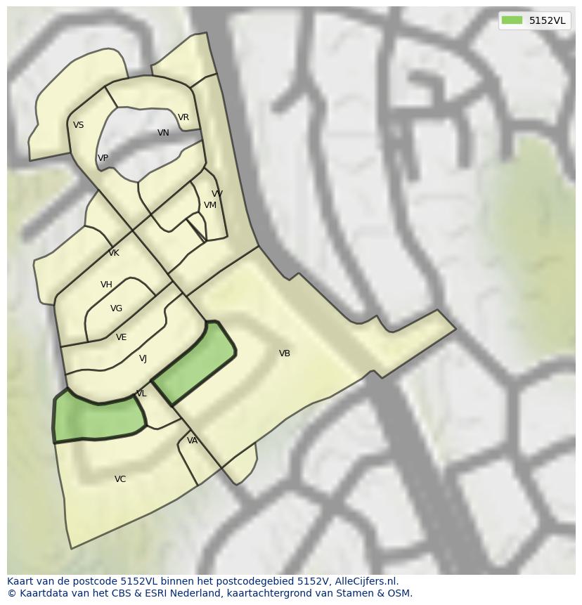 Afbeelding van het postcodegebied 5152 VL op de kaart.