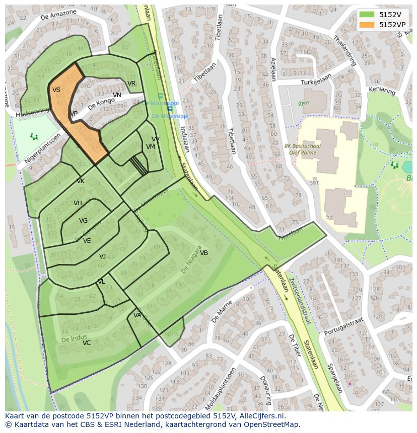 Afbeelding van het postcodegebied 5152 VP op de kaart.