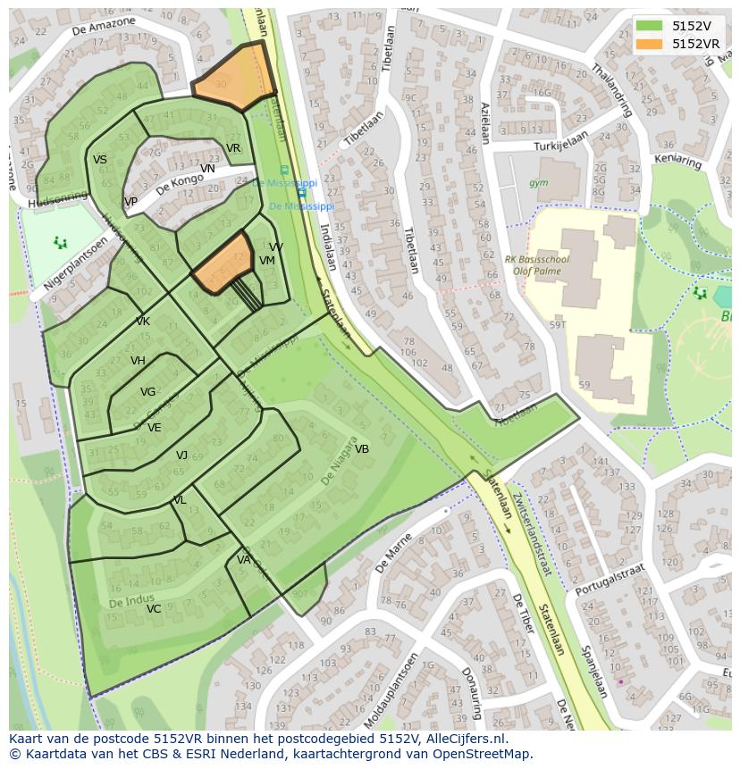 Afbeelding van het postcodegebied 5152 VR op de kaart.