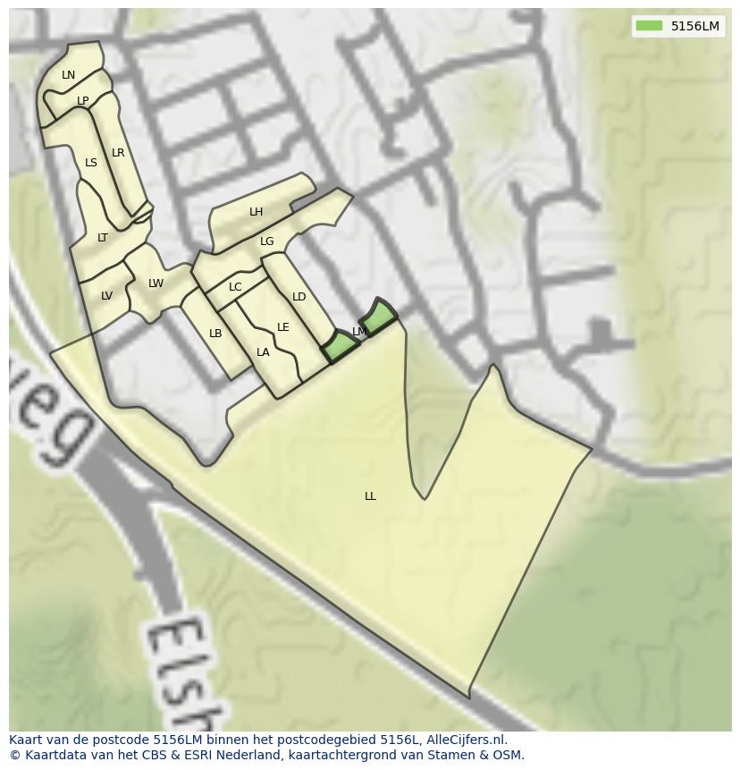 Afbeelding van het postcodegebied 5156 LM op de kaart.