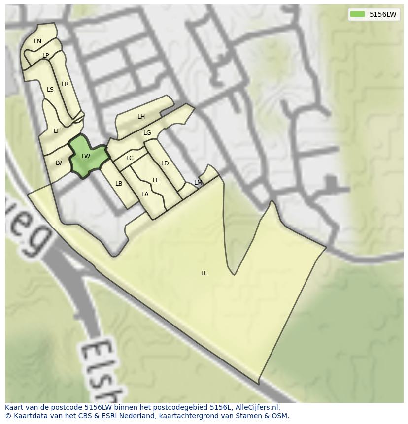 Afbeelding van het postcodegebied 5156 LW op de kaart.