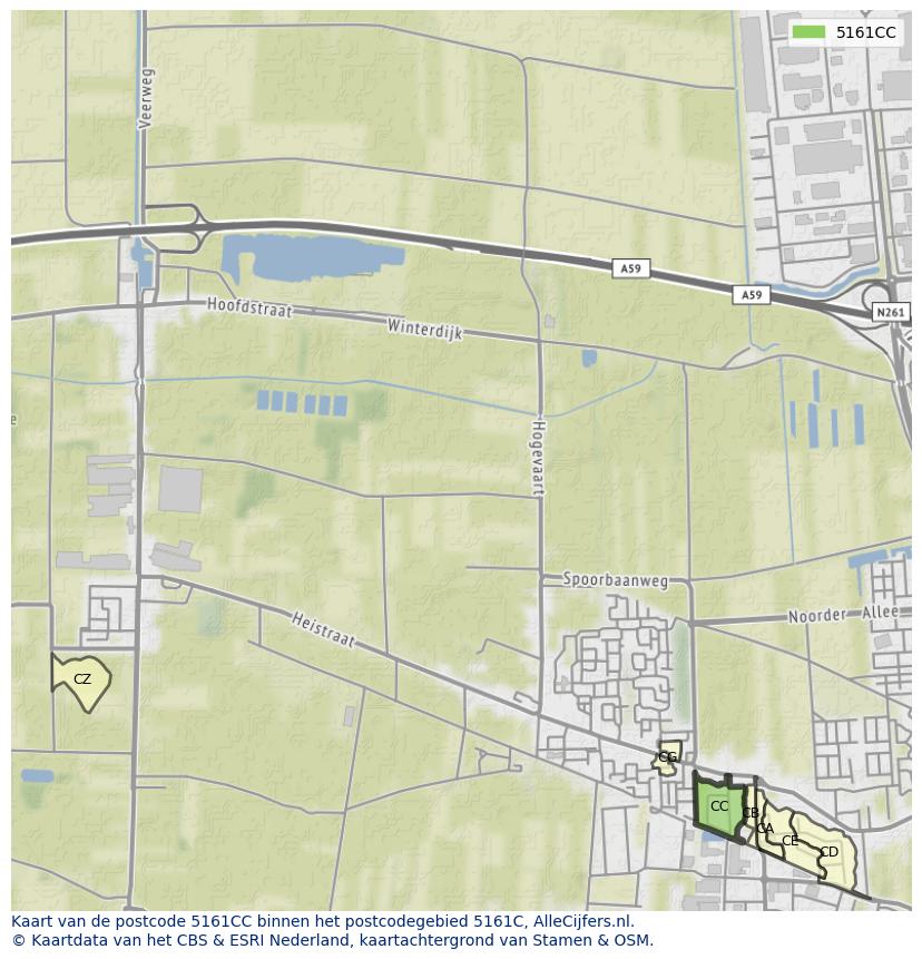 Afbeelding van het postcodegebied 5161 CC op de kaart.
