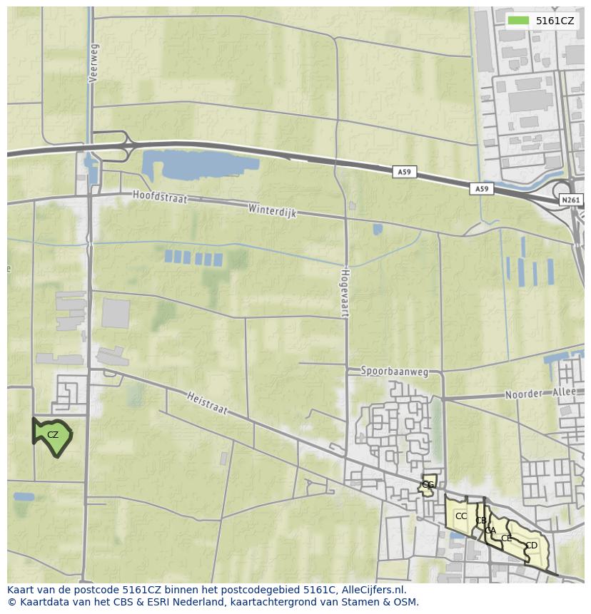 Afbeelding van het postcodegebied 5161 CZ op de kaart.