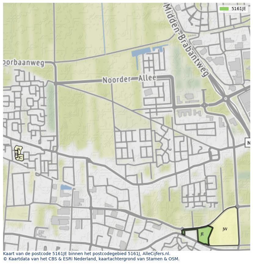 Afbeelding van het postcodegebied 5161 JE op de kaart.