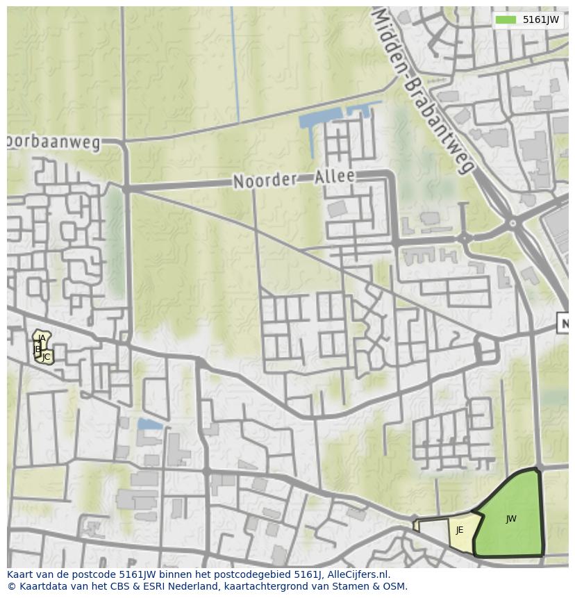 Afbeelding van het postcodegebied 5161 JW op de kaart.