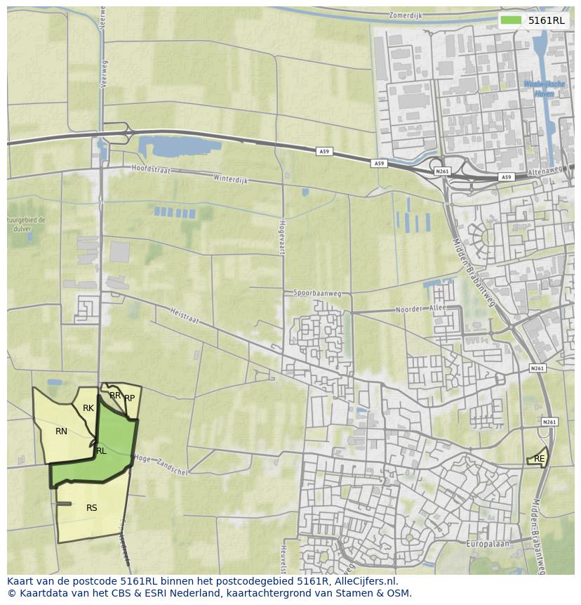 Afbeelding van het postcodegebied 5161 RL op de kaart.