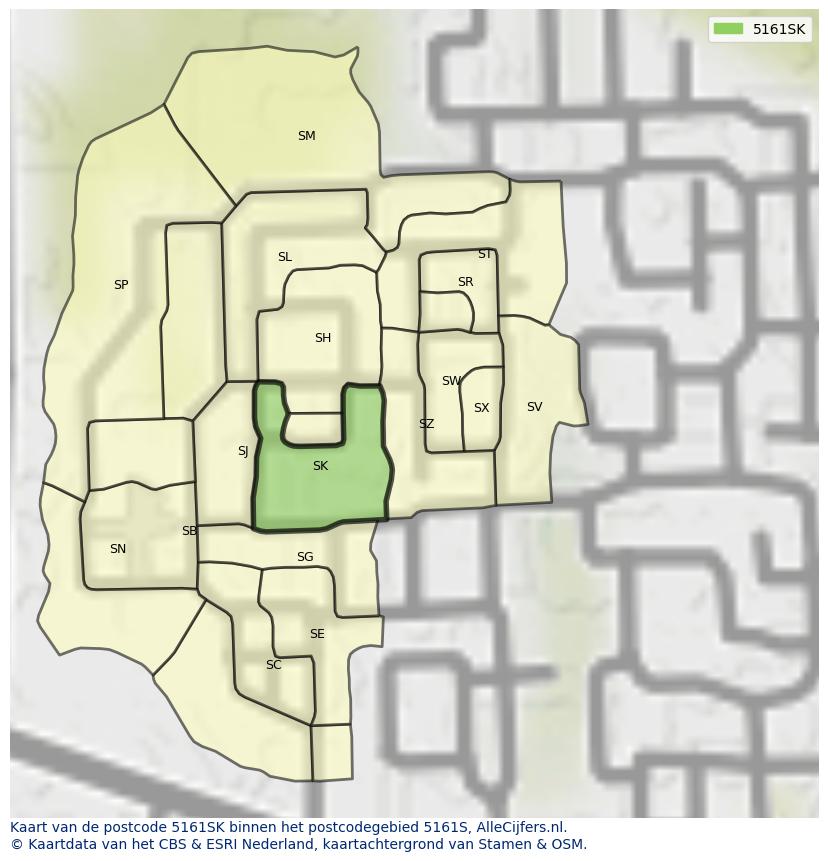 Afbeelding van het postcodegebied 5161 SK op de kaart.
