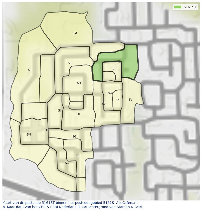 Afbeelding van het postcodegebied 5161 ST op de kaart.